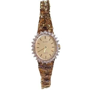 80's Elgin Quartz Gold Tone Nugget Faux Diamond Oval Fits 7.25" NEW Battery